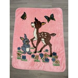 VTG‎ Bambi & Thumper Blanket Fleece Throw Deer Rabbit Plush Pink/White 43" X 57"